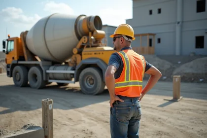 Ouvrier de construction avec casque et gilet haute visibilite surveillant le beton