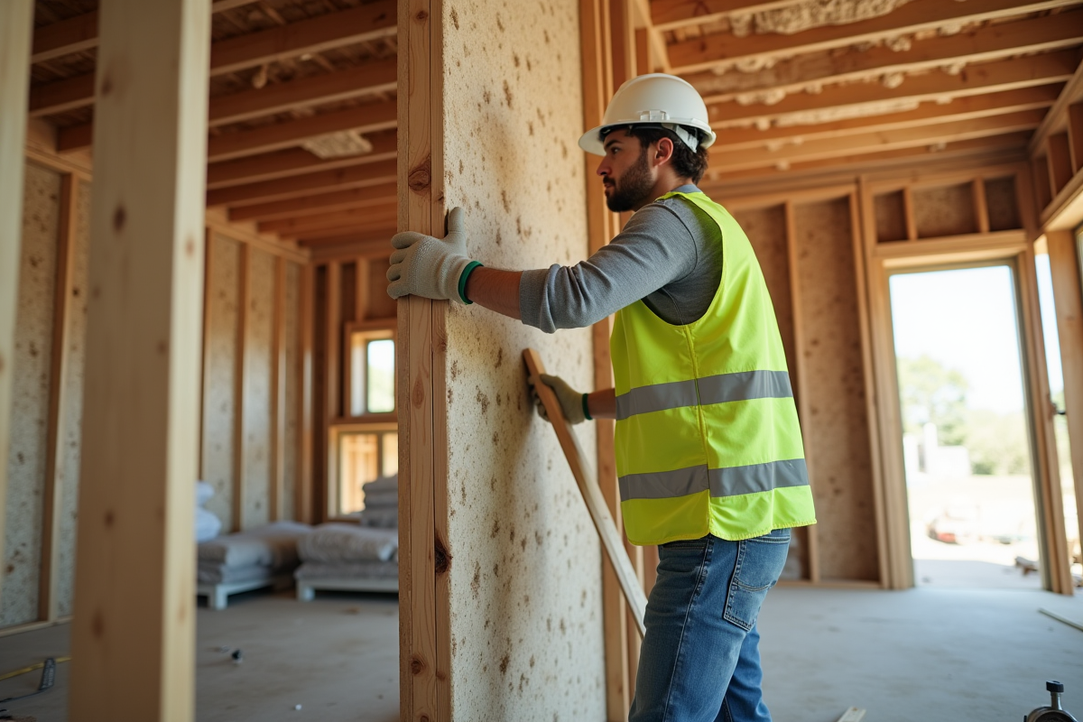 Ouvrier posant des panneaux d isolation dans une maison en construction
