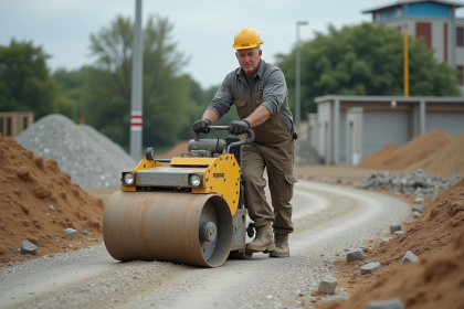 Ouvrier en tenue de chantier utilisant une plaque vibrante sur un chemin de gravier