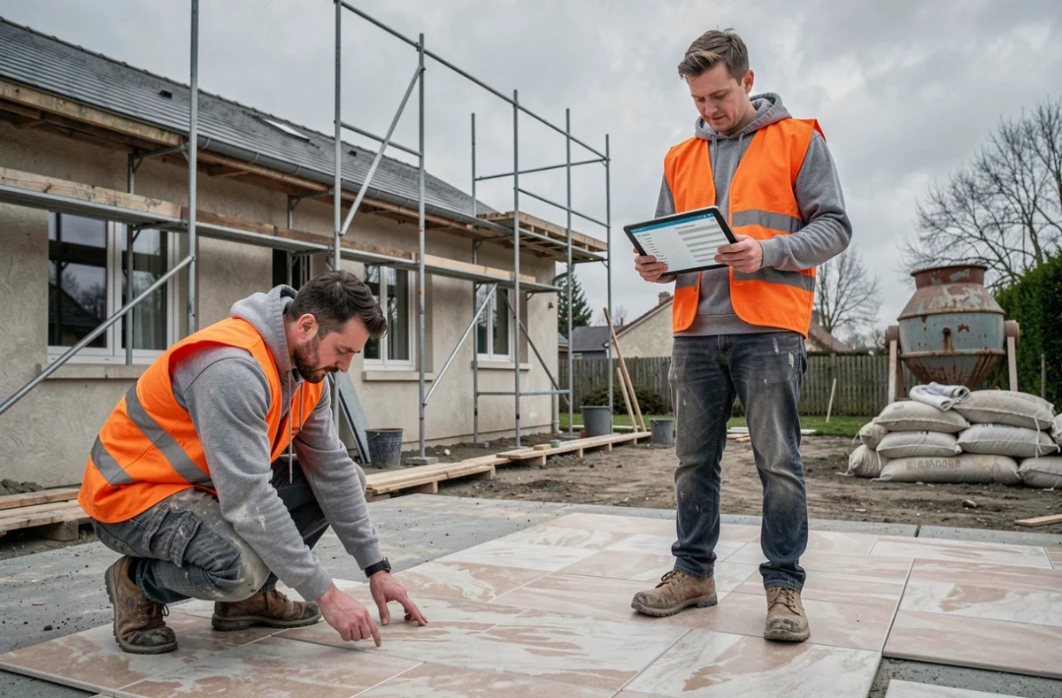 Deux ouvriers vérifiant l'avancement d'un chantier de rénovation résidentiel avec tablette numérique