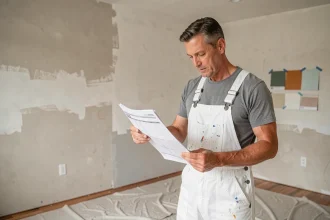 Peintre professionnel consultant un devis de budget pour peinture de murs et plafonds dans une pièce en cours de rénovation