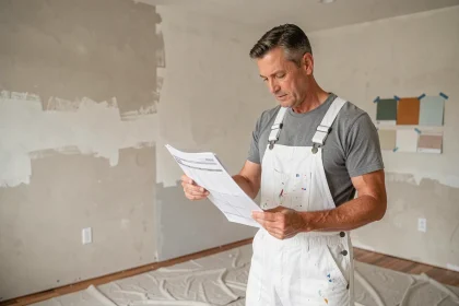 Peintre professionnel consultant un devis de budget pour peinture de murs et plafonds dans une pièce en cours de rénovation