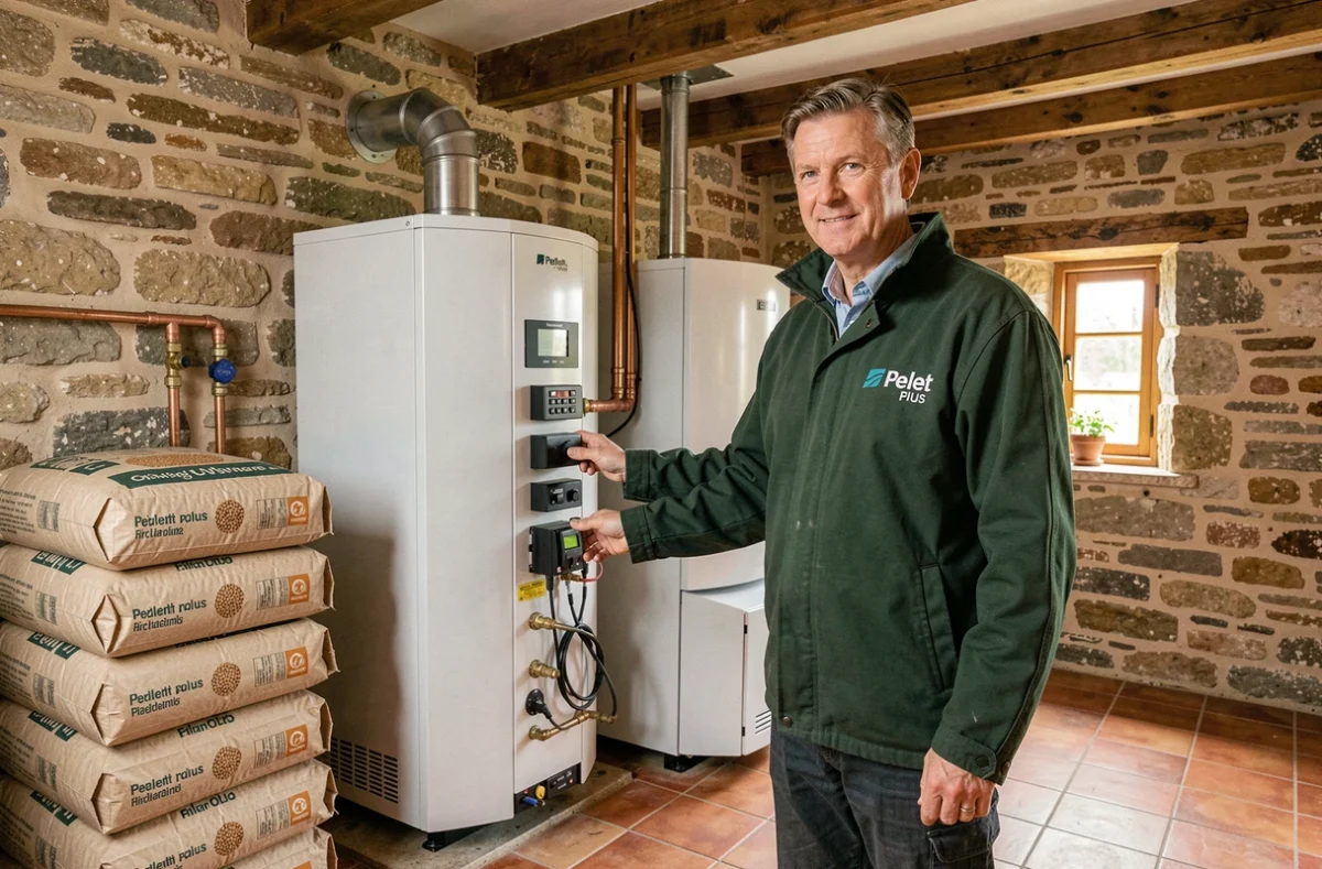 Spécialiste Pellet Plus raccordant une chaudière à granulés et un échangeur de climatisation dans une ferme normande