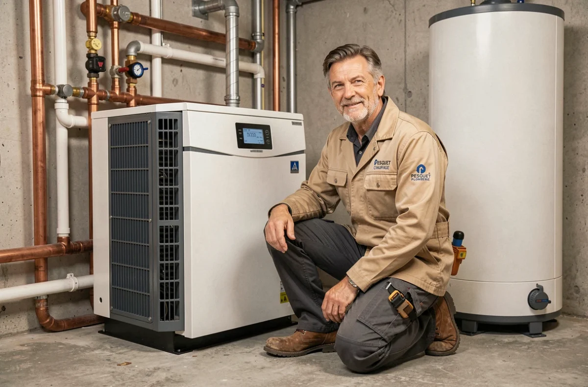 Installateur de Pesquet Chauffage Plomberie travaillant sur une pompe à chaleur et climatisation dans une chaufferie résidentielle