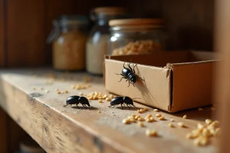 Petites bêtes noires dans un placard alimentaire en bois avec boîte de céréales ouverte et grains éparpillés