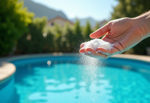 Piscine bleue brillante dans un jardin ensoleille avec main versant bicarbonate