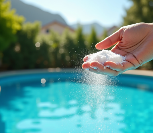 Piscine bleue brillante dans un jardin ensoleille avec main versant bicarbonate