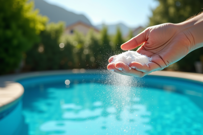 Piscine bleue brillante dans un jardin ensoleille avec main versant bicarbonate
