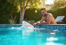 Homme nettoyant la piscine avec un filet à la surface en été