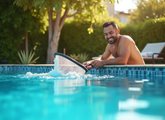 Propreté piscine sans filtre : astuces pratiques pour l’entretenir au quotidien ! Homme nettoyant la piscine avec un filet à la surface en été