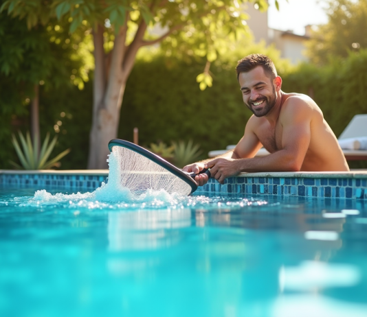 Homme nettoyant la piscine avec un filet à la surface en été