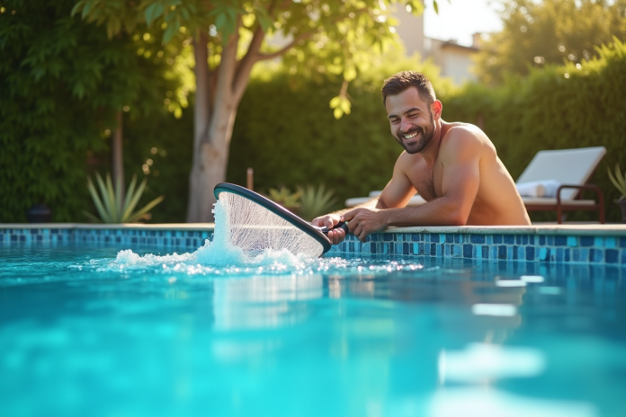 Homme nettoyant la piscine avec un filet à la surface en été