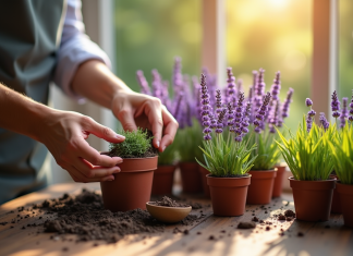 Produire plus de lavande chez soi avec le bouturage Mains plantant de la lavande dans des petits pots en terre