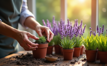 Mains plantant de la lavande dans des petits pots en terre