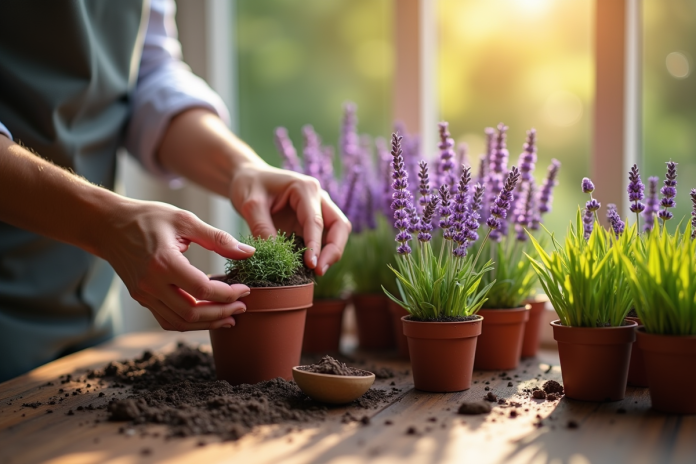 Mains plantant de la lavande dans des petits pots en terre
