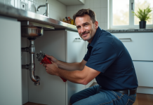 Plombier : quand faire appel à un professionnel ? Plombier homme en action sous évier de cuisine