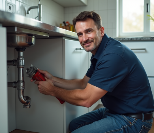 Plombier : quand faire appel à un professionnel ? Plombier homme en action sous évier de cuisine