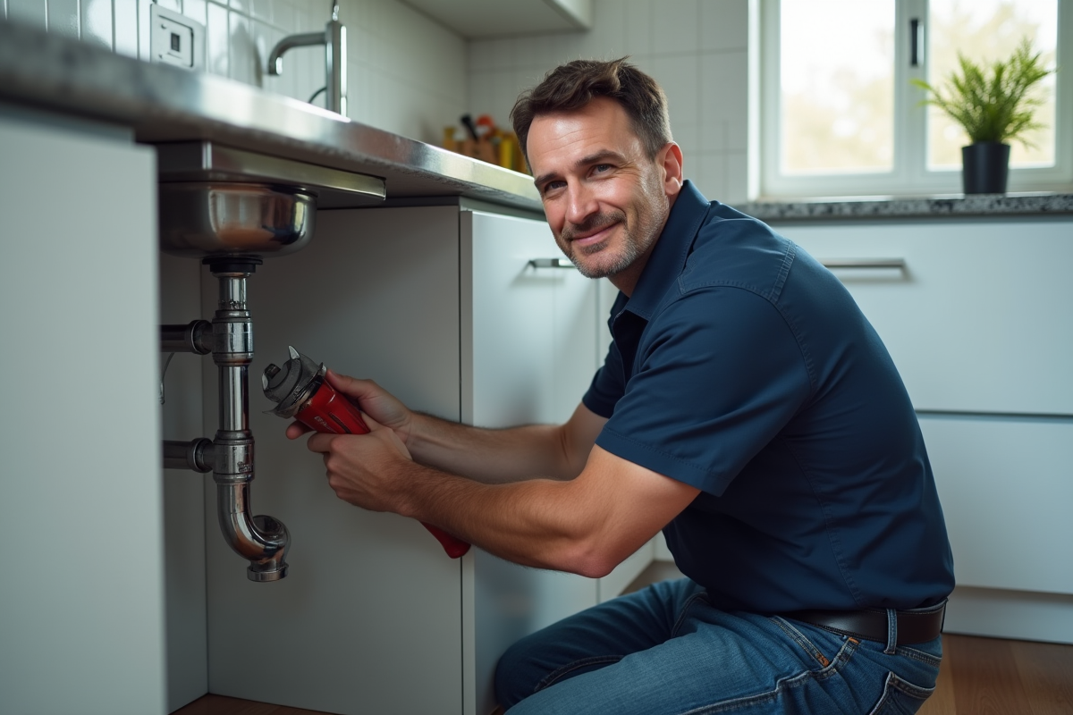 Plombier homme en action sous évier de cuisine