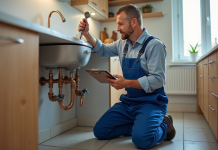 Plombier homme en overalls examine tuyaux cuivre dans cuisine
