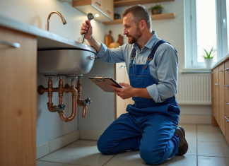 Plomberie : Comment juger de sa qualité ? Plombier homme en overalls examine tuyaux cuivre dans cuisine