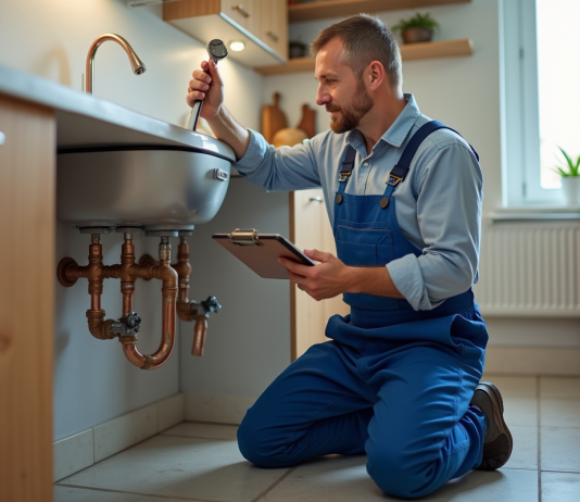 Plomberie : Comment juger de sa qualité ? Plombier homme en overalls examine tuyaux cuivre dans cuisine