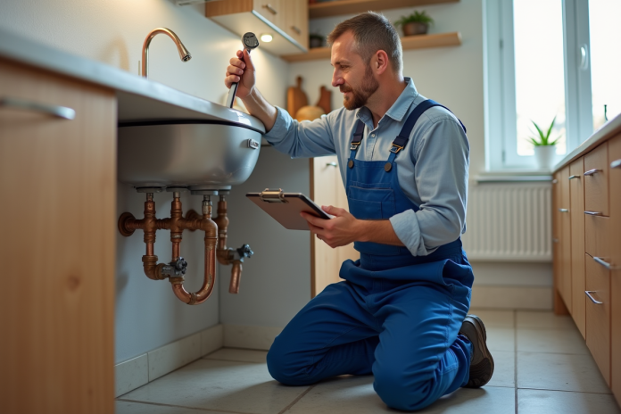 plombier-repareevier-kitchen Plombier homme en overalls examine tuyaux cuivre dans cuisine