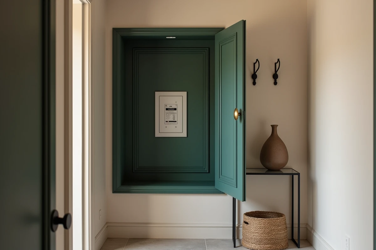 Porte ouverte d'un meuble cache compteur électrique vert foncé révélant le tableau électrique dans un couloir décoré