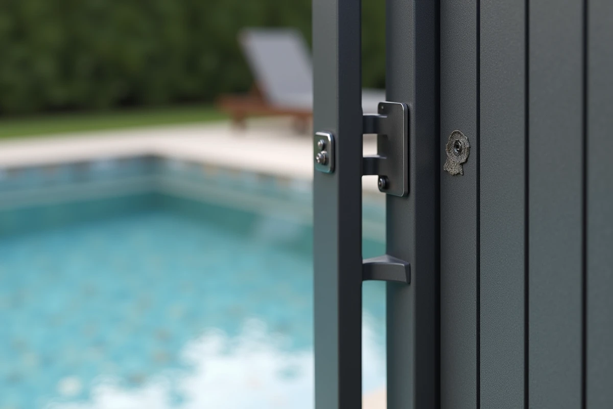 Détail de portillon de clôture Terrasto anthracite avec loquet de sécurité conforme à la norme NF P90-306 pour piscine privée