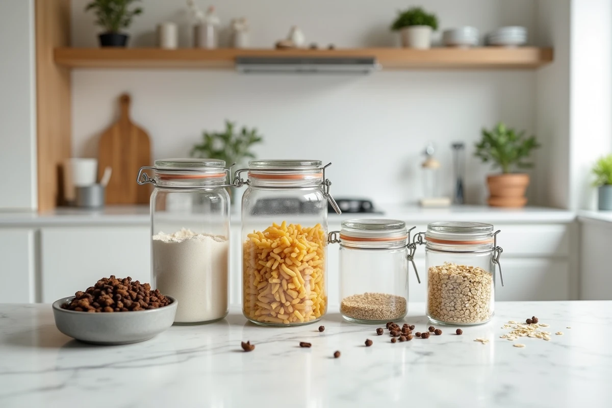 Bocaux hermétiques en verre et métal avec feuilles de laurier et clous de girofle pour prévenir les insectes dans les placards alimentaires