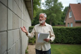 Propriétaire constatant la hauteur excessive d'un mur mitoyen dans son jardin avec des documents en main