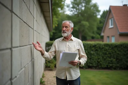 Propriétaire constatant la hauteur excessive d'un mur mitoyen dans son jardin avec des documents en main