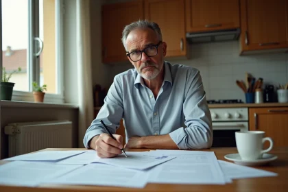 Propriétaire inquiet relisant un contrat de rénovation énergétique à domicile avant de signer avec une entreprise comme Eco Habitat Energie