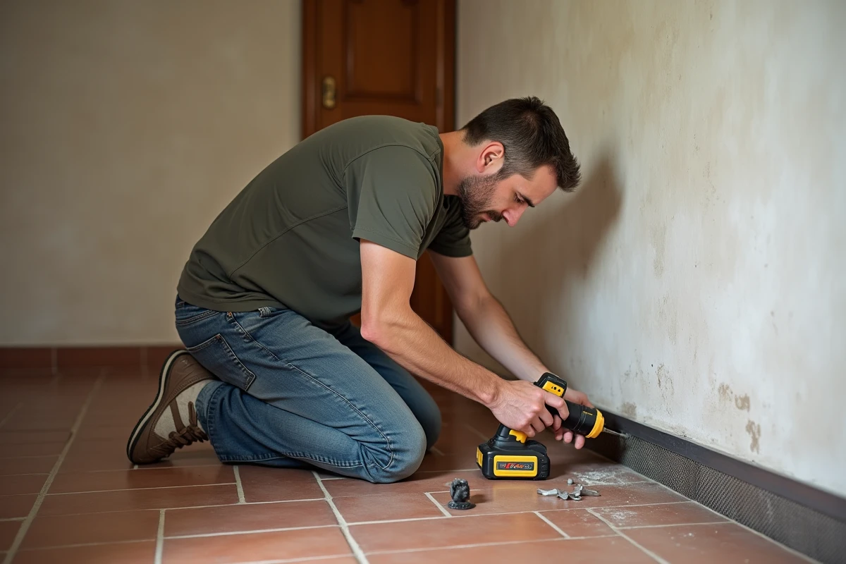 Homme installant une grille de protection anti-rongeurs sur une fissure murale dans une maison de campagne française