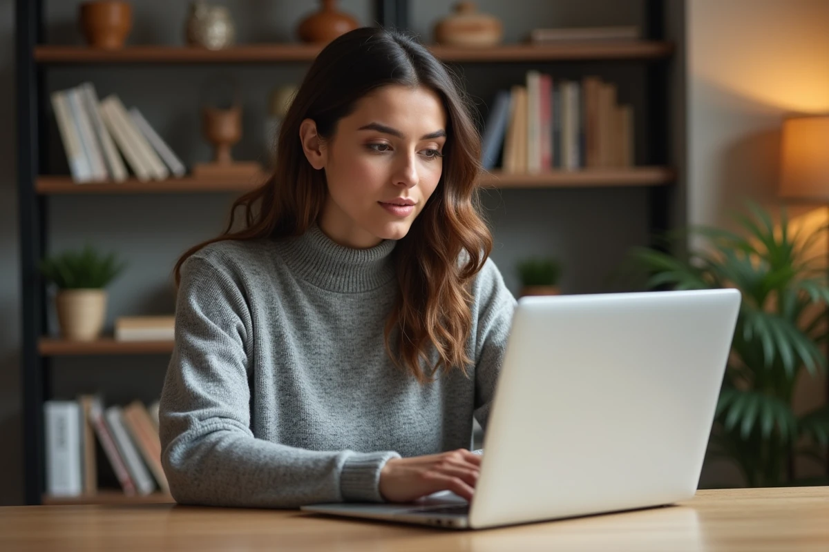 Femme cherchant un artisan fiable sur un site internet depuis son bureau à domicile