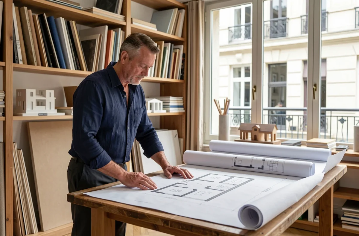 Reinhard David, architecte d'intérieur, examinant des plans d'aménagement dans son atelier en Seine-Saint-Denis