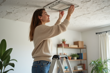 Femme appliquant une dalle de plafond moderne dans un salon chaleureux