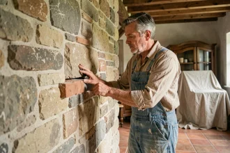 Artisan restaurateur rénovant un mur en pierre apparente dans une vieille maison de campagne française au charme préservé