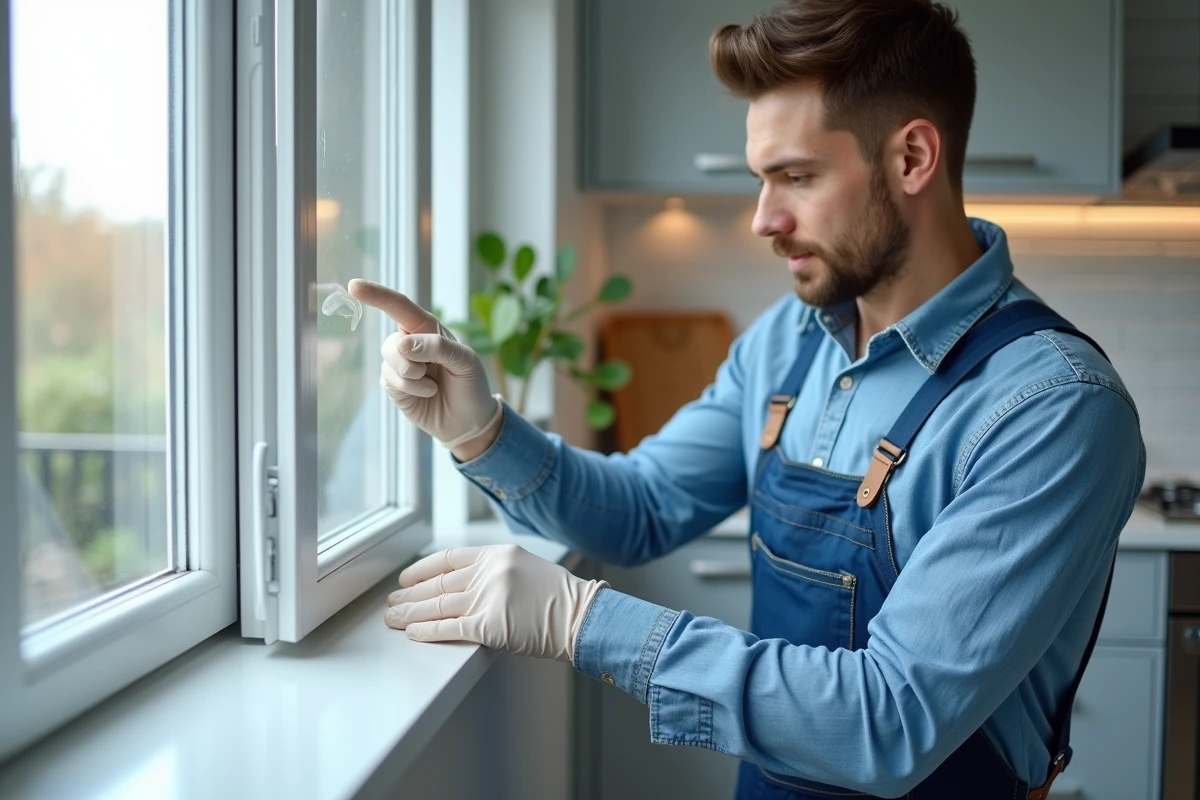 Homme appliquant un solvant gel pour effacer un résidu de colle sur un cadre de fenêtre en PVC blanc