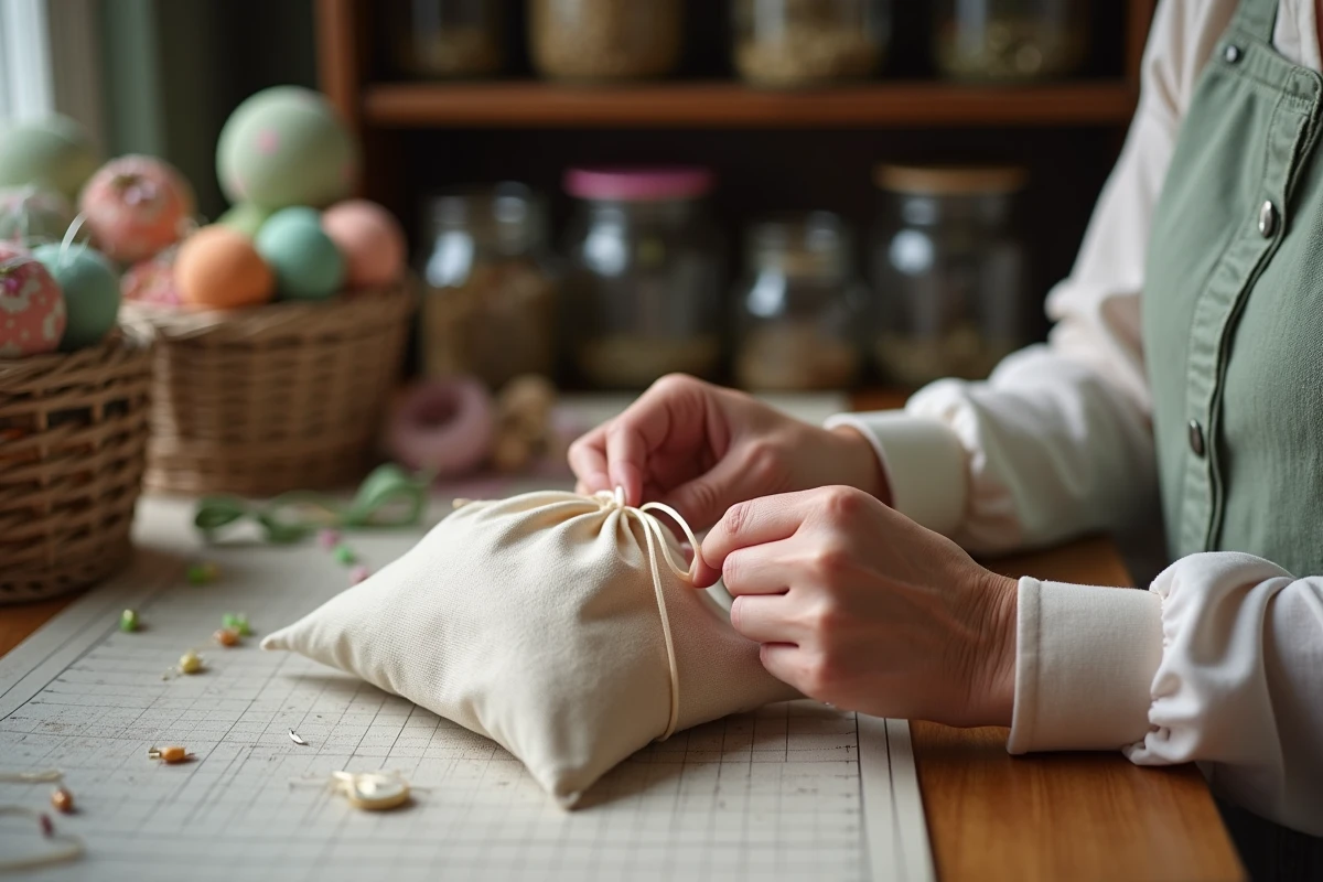 Mains expérimentées enfilant un ruban satiné dans les œillets d'un sachet en coton fait main