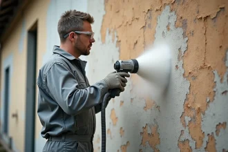 Professionnel en combinaison grise effectuant un sablage sur une façade en pierre ancienne avec pistolet à sable