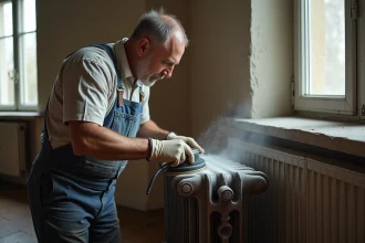 Homme en overalls sablant un radiateur ancien en fer