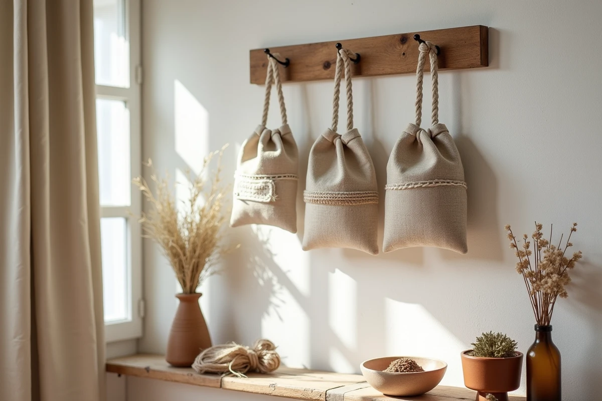 Sachets en tissu faits maison accrochés à un porte-manteau en bois dans un intérieur de style provençal