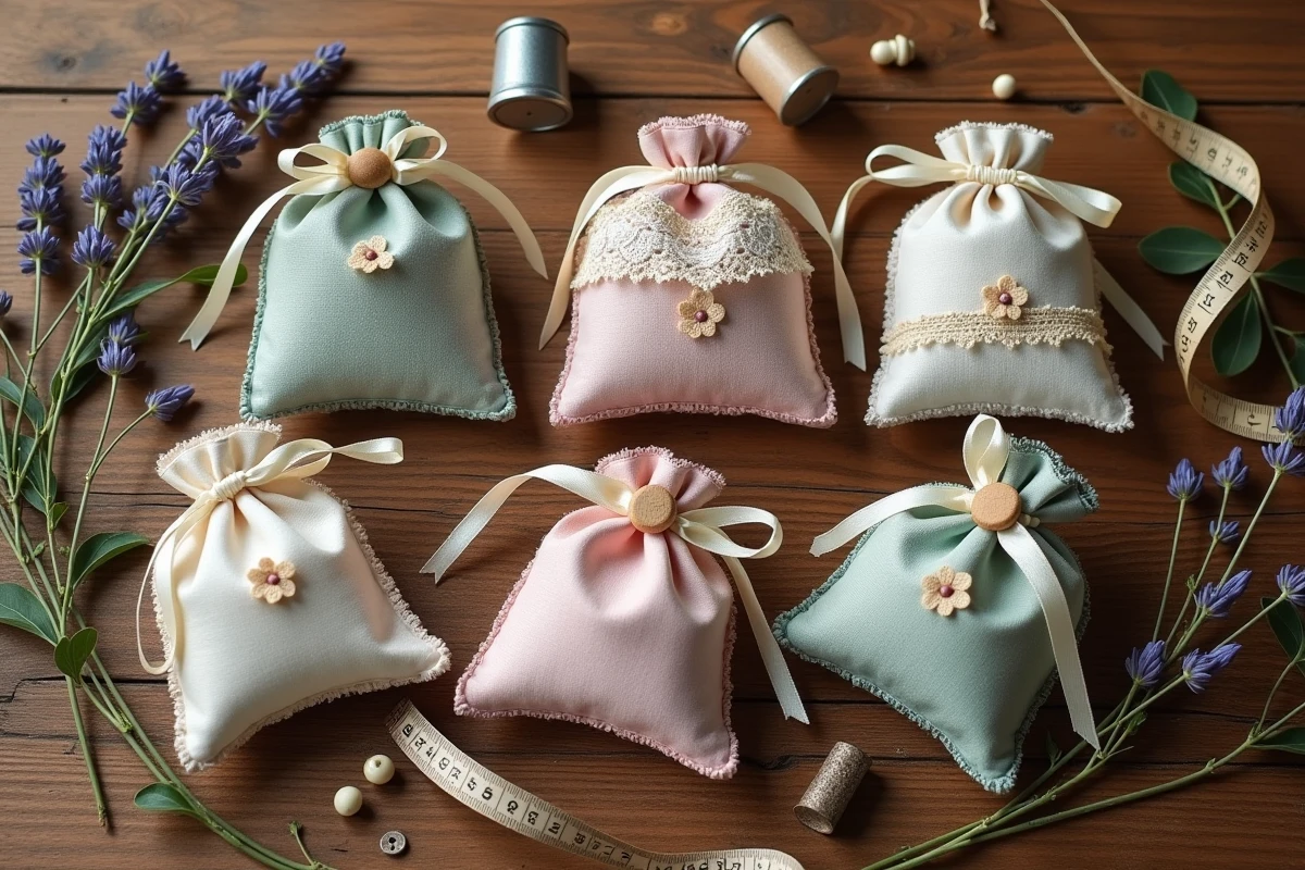 Vue de dessus de sachets en tissu faits maison avec différentes finitions couture sur bois rustique