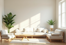 Salon cosy avec lumière naturelle et plantes vertes