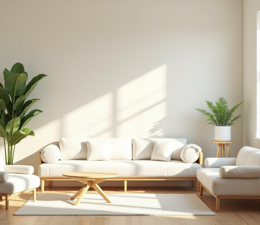 Salon cosy avec lumière naturelle et plantes vertes