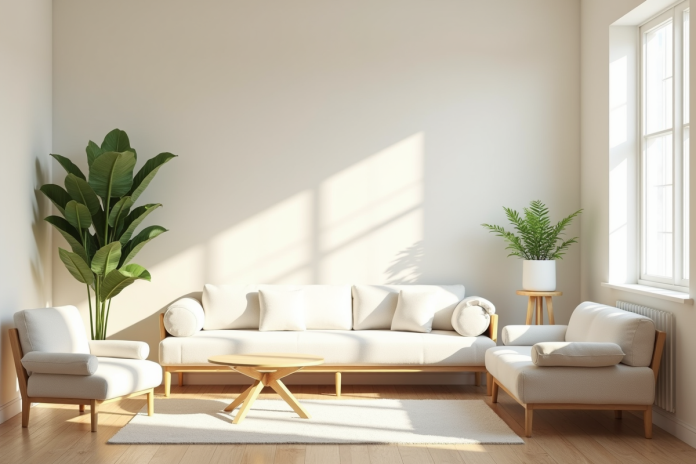 Salon cosy avec lumière naturelle et plantes vertes