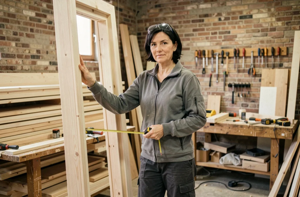 Menuisière de la SARL Gaucher présentant un cadre de porte en bois dans un atelier artisanal