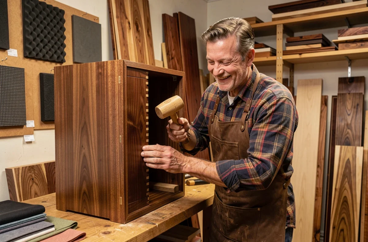 Artisan de SARL Music Bois assemblant un meuble acoustique en bois sur mesure dans un atelier de menuiserie spécialisé