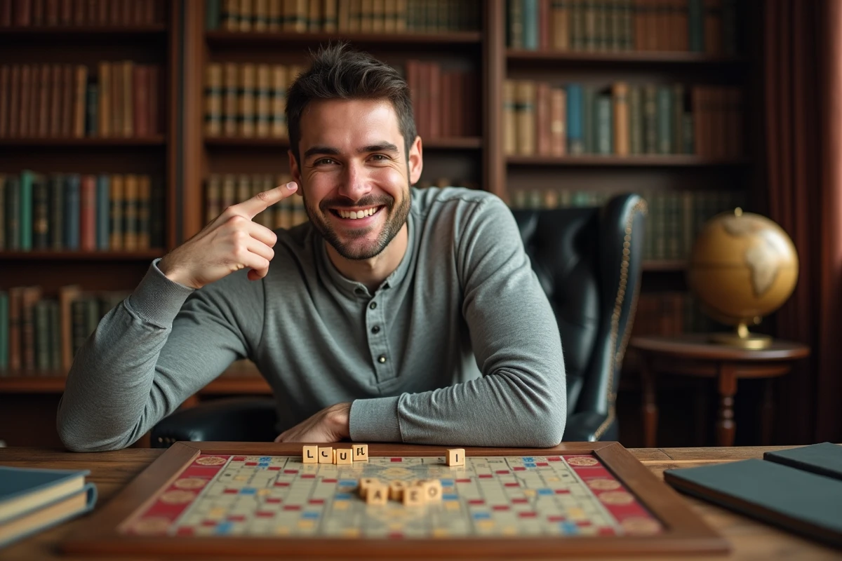 Homme souriant pointant un mot rare en M sur un plateau de Scrabble dans une bibliothèque vintage