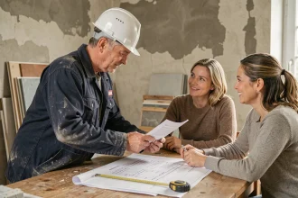 Artisan et propriétaires signant un contrat de travaux sécurisé à domicile